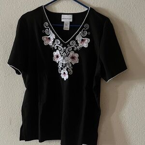 Alfred Dunner Black Top with White and Pink Embroidery